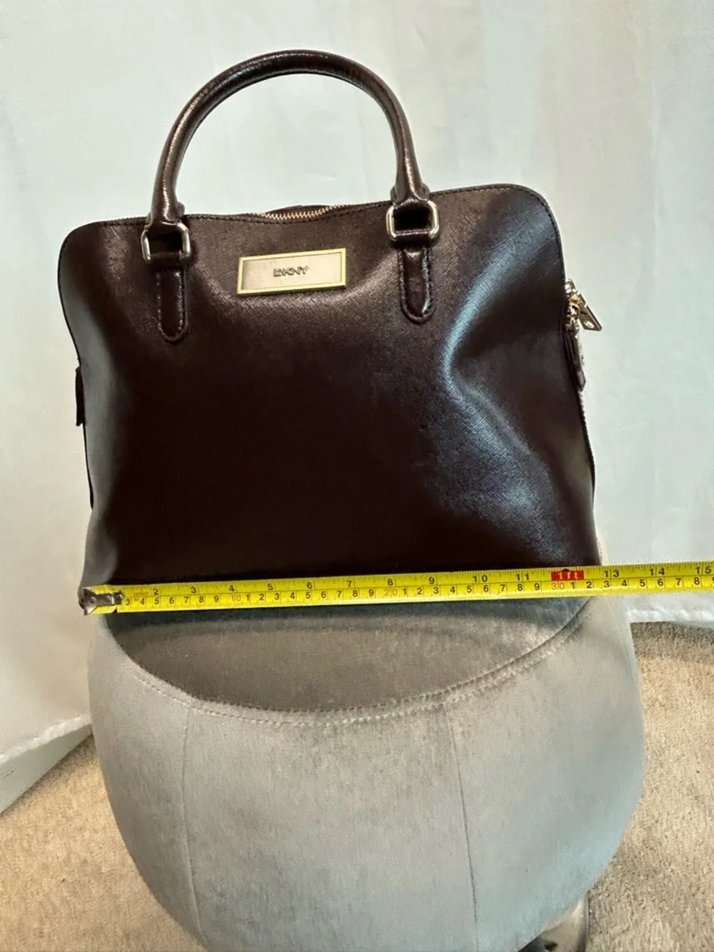 DKNY Dark Brown Saffiano Leather Satchel with Gold Plaque